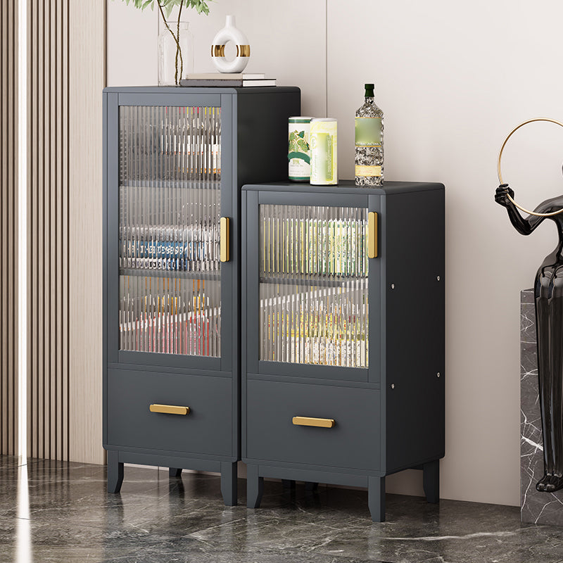 Modern Faux Wood Display Stand Glass Doors Storage Cabinet for Dining Room