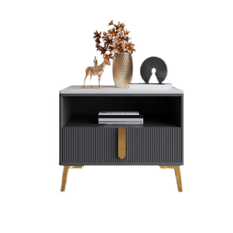 4 Legs Glam Side Table Stone Top Side Table with Shelf and Drawer