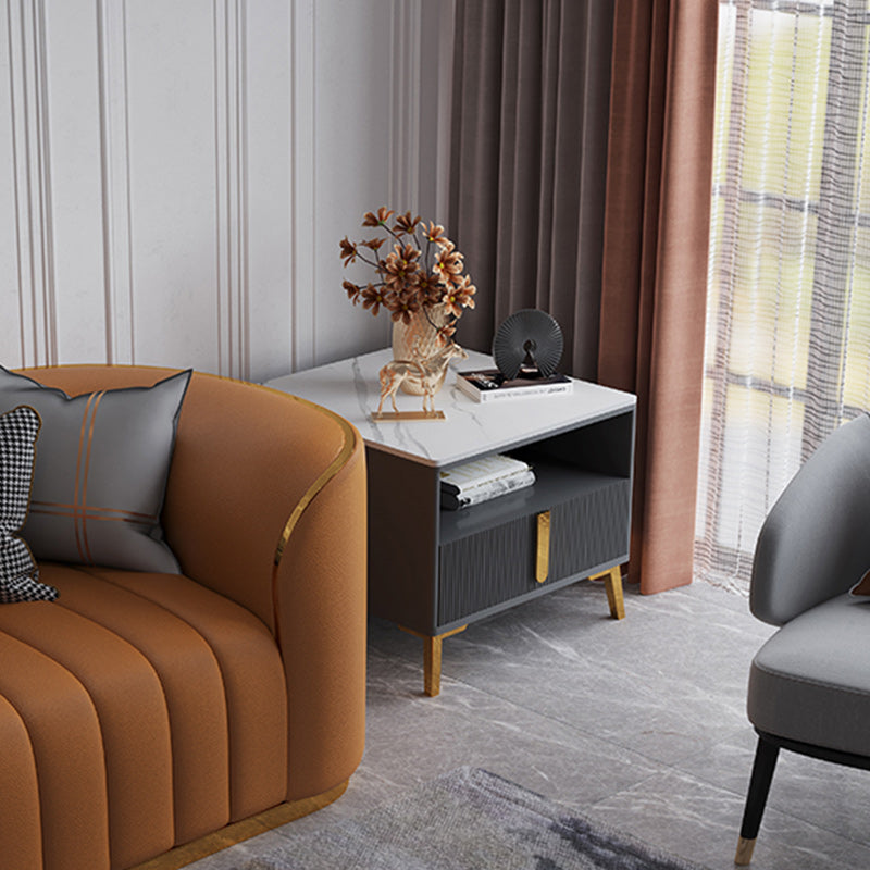 4 Legs Glam Side Table Stone Top Side Table with Shelf and Drawer