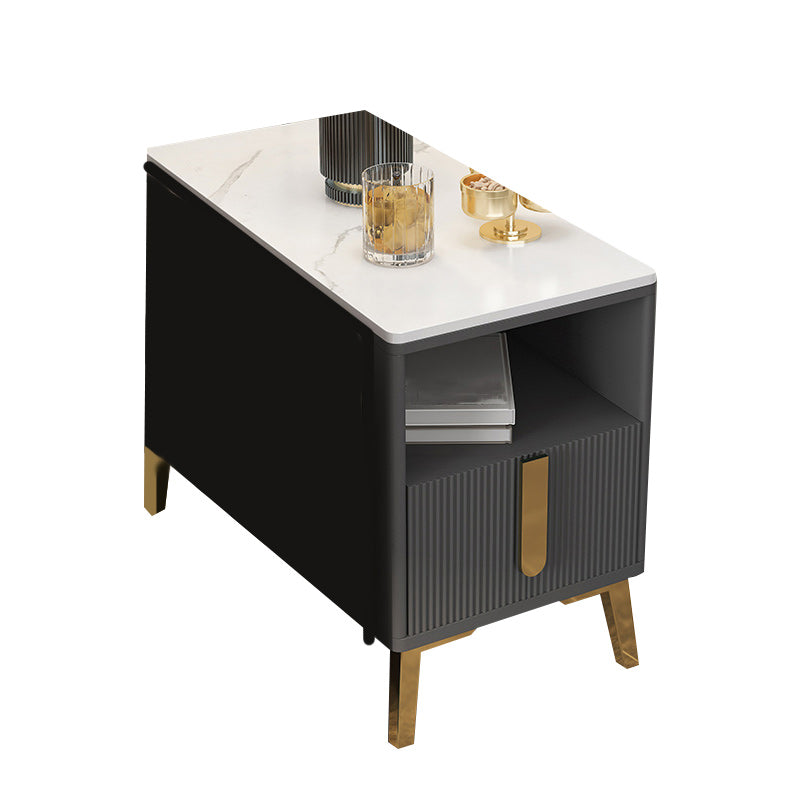 4 Legs Glam Side Table Stone Top Side Table with Shelf and Drawer