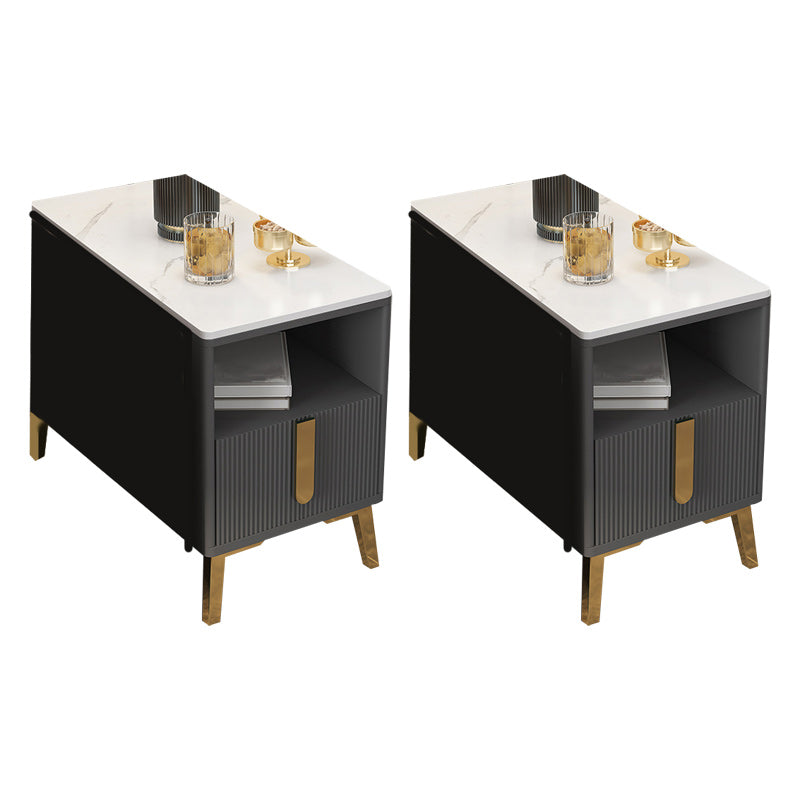 4 Legs Glam Side Table Stone Top Side Table with Shelf and Drawer