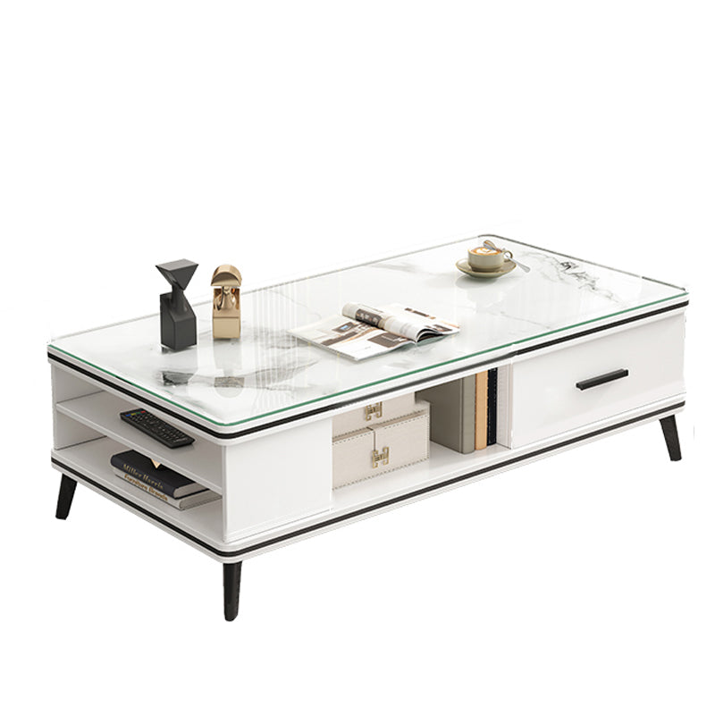 Single Coffee Table 4 Legs Rectangle Cocktail Table with Shelf and Drawer
