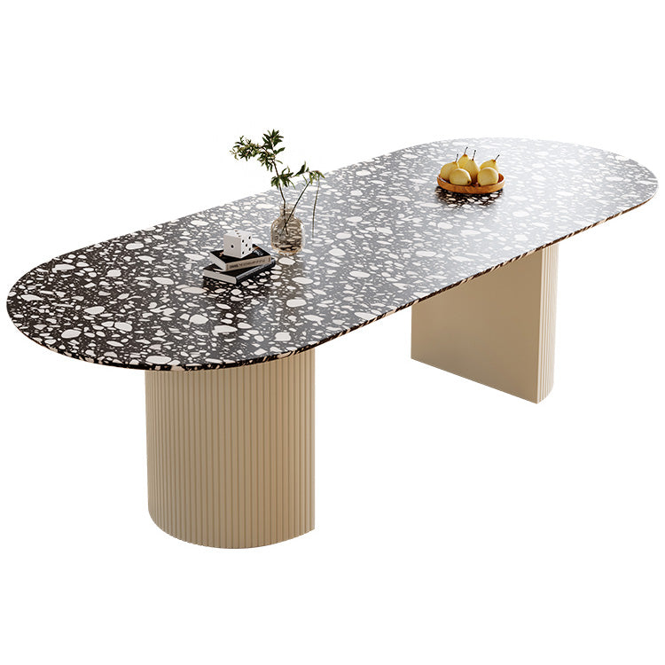 Stone Dining Site Table Contemporary Style Oval Table with Double Pedestal