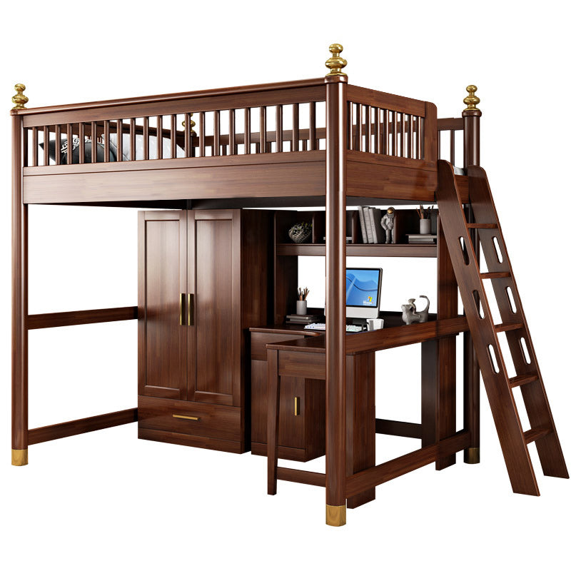 Solid Wood Loft Bed with Storage Scandinavian Brown Kids Bed with Open Frame