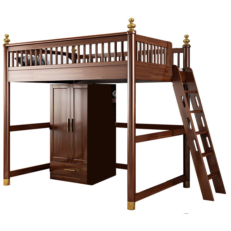 Solid Wood Loft Bed with Storage Scandinavian Brown Kids Bed with Open Frame
