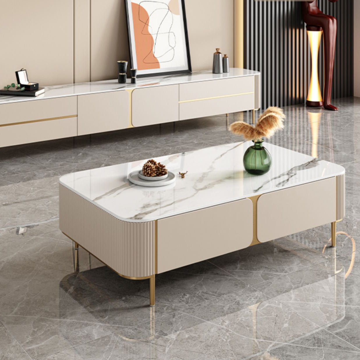 2 Drawers Rectangular Slate Top Coffee Table 4 Legs Cocktail Table