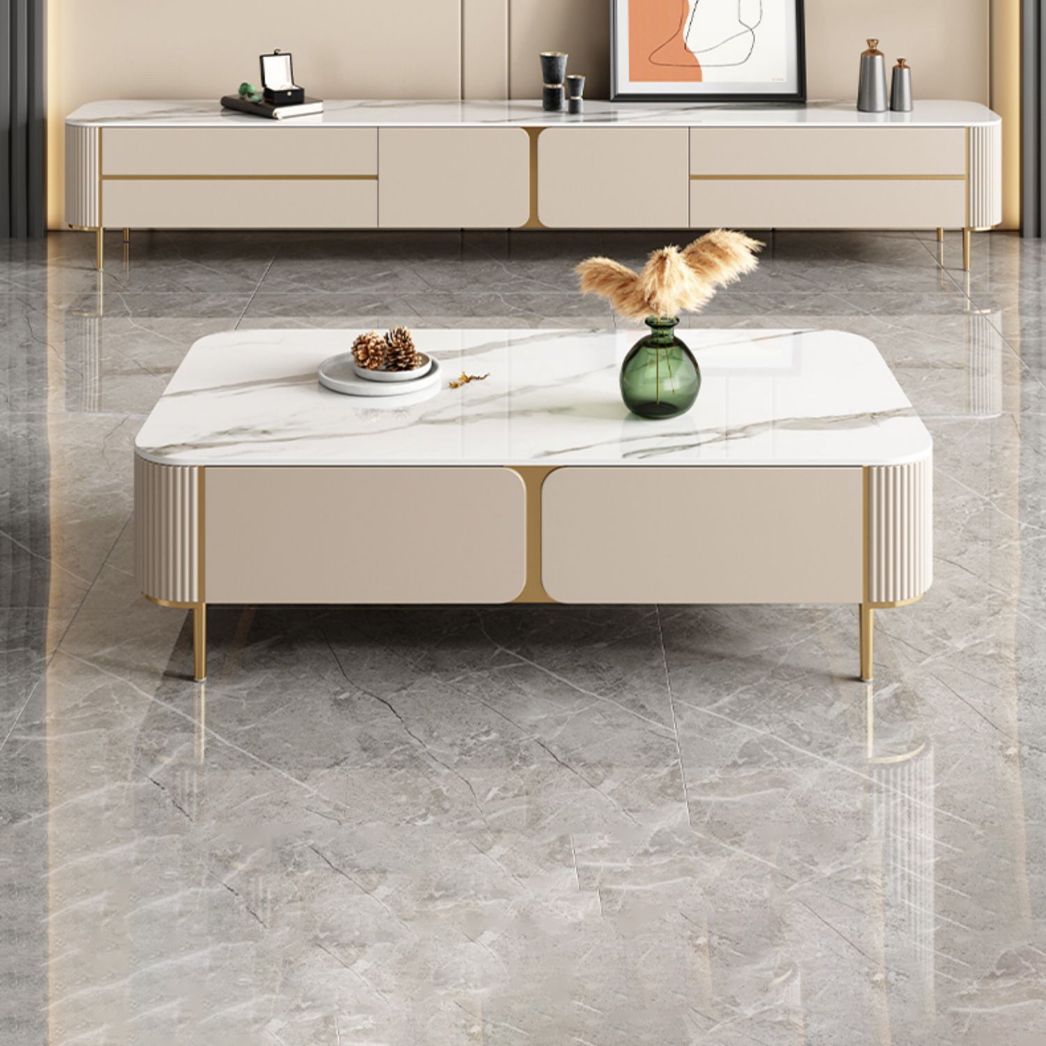 2 Drawers Rectangular Slate Top Coffee Table 4 Legs Cocktail Table