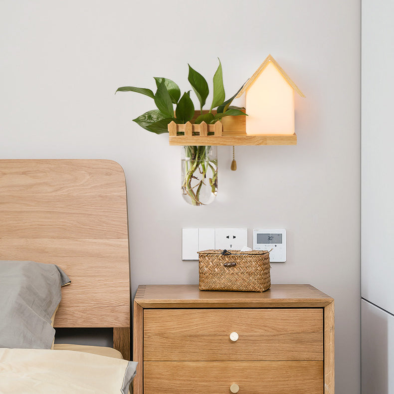 Beige piccola casa da parete 1 luce leggera adorabile luce di legno con scaffale per la camera da letto dei bambini