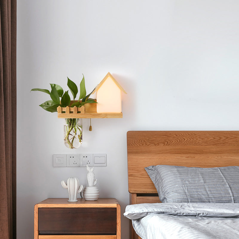 Beige piccola casa da parete 1 luce leggera adorabile luce di legno con scaffale per la camera da letto dei bambini
