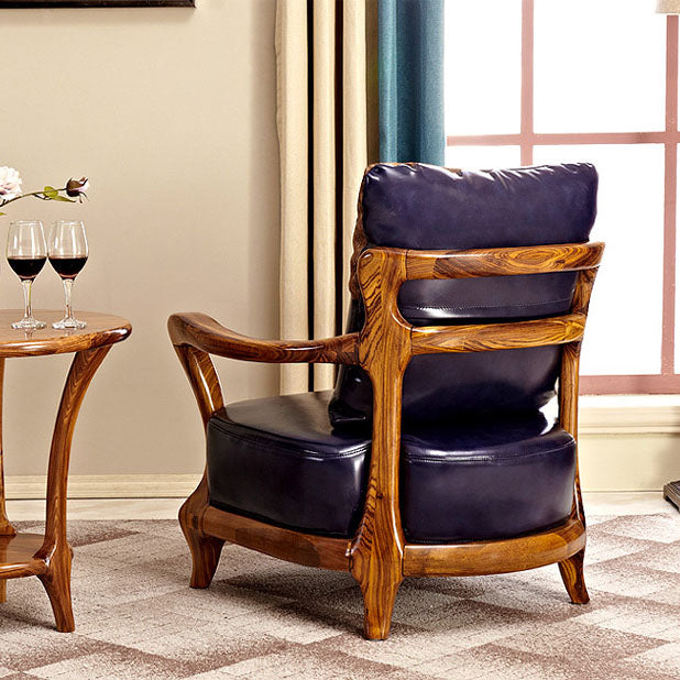 Solid Wood Frame Dining Arm Chair Leather Upholstered Arm Chair