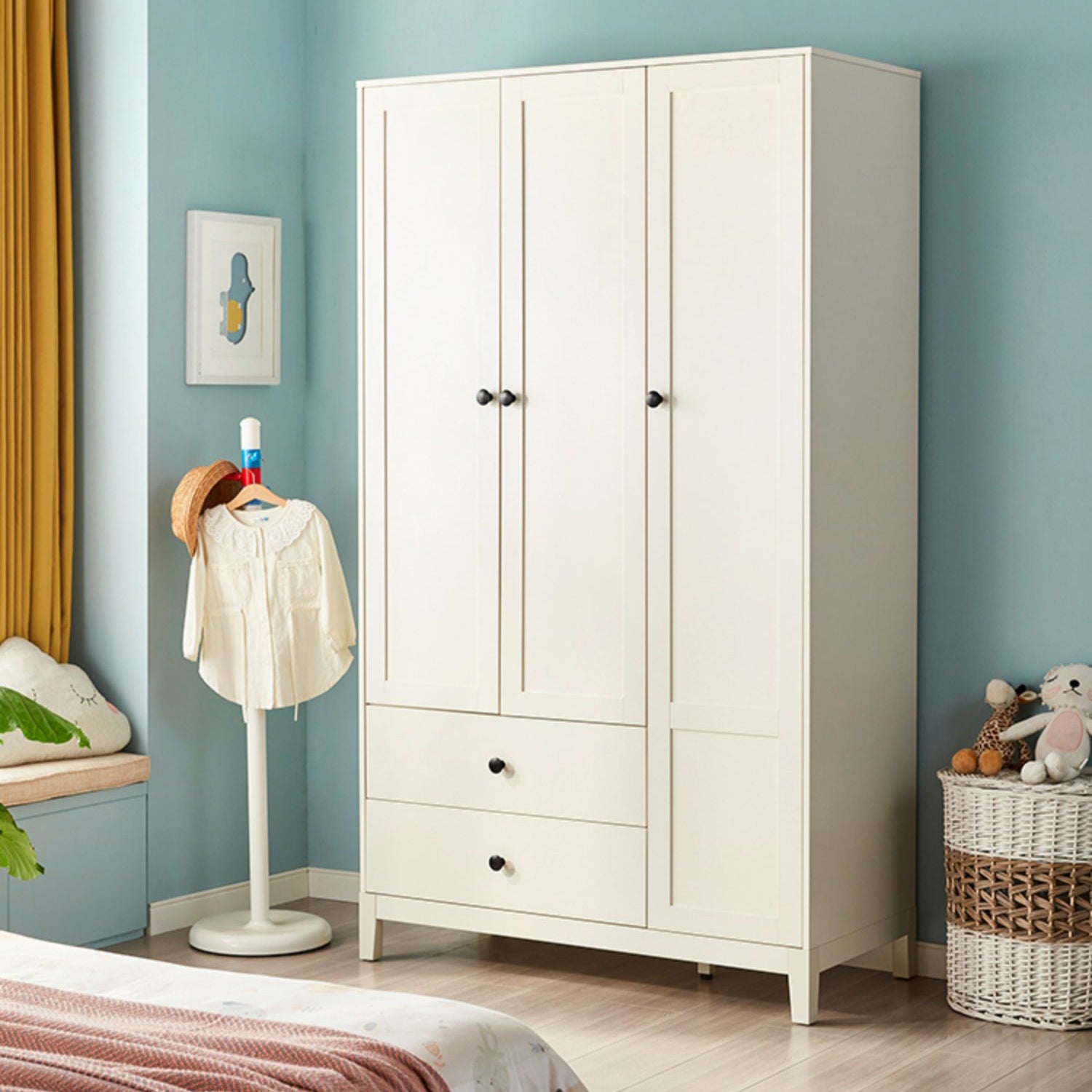 White Hanging Clothes Rack 3-Door Hanging Clothes Rack with Lower Storage Drawers