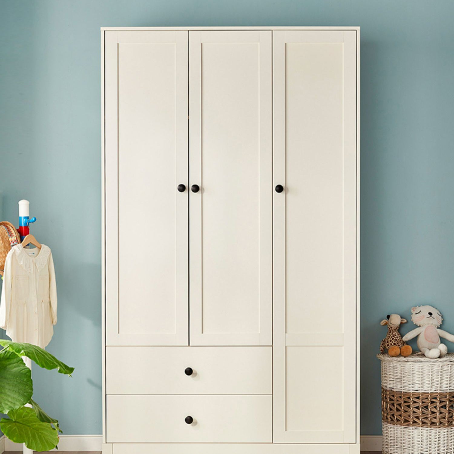 White Hanging Clothes Rack 3-Door Hanging Clothes Rack with Lower Storage Drawers