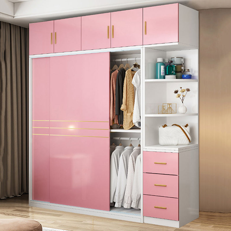 Pink Hanging Clothes Rack Wooden Wardrobe Armoire with Lower Storage Drawers