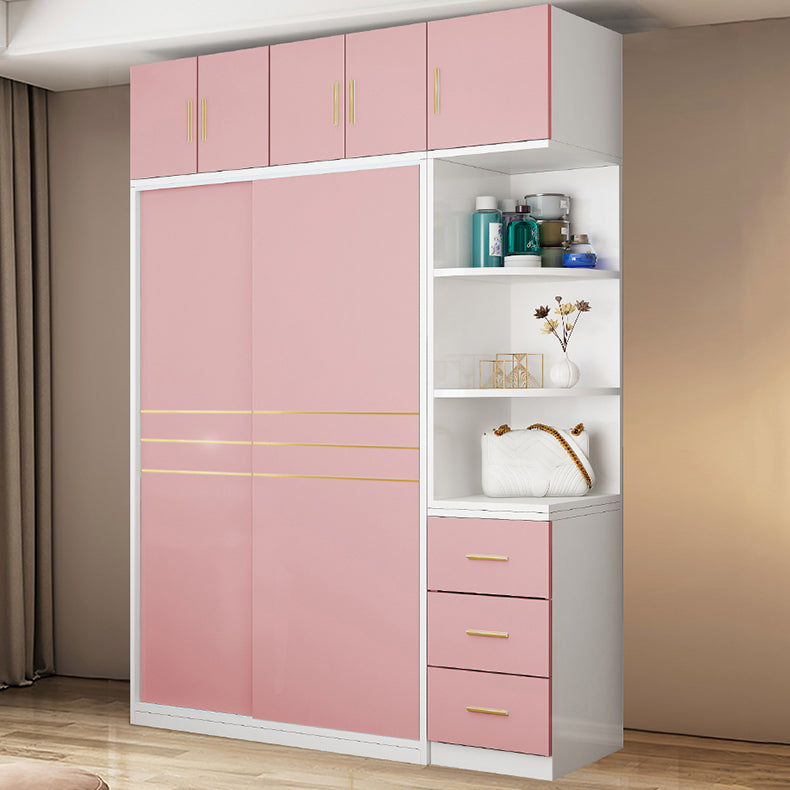Pink Hanging Clothes Rack Wooden Wardrobe Armoire with Lower Storage Drawers