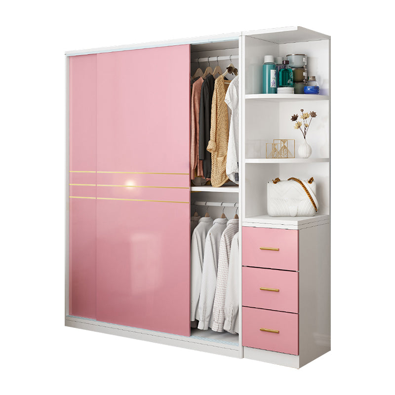 Pink Hanging Clothes Rack Wooden Wardrobe Armoire with Lower Storage Drawers
