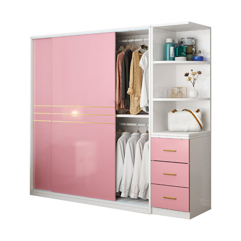 Pink Hanging Clothes Rack Wooden Wardrobe Armoire with Lower Storage Drawers