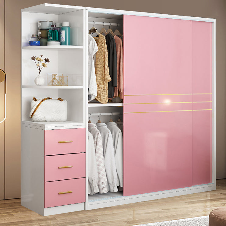 Pink Hanging Clothes Rack Wooden Wardrobe Armoire with Lower Storage Drawers