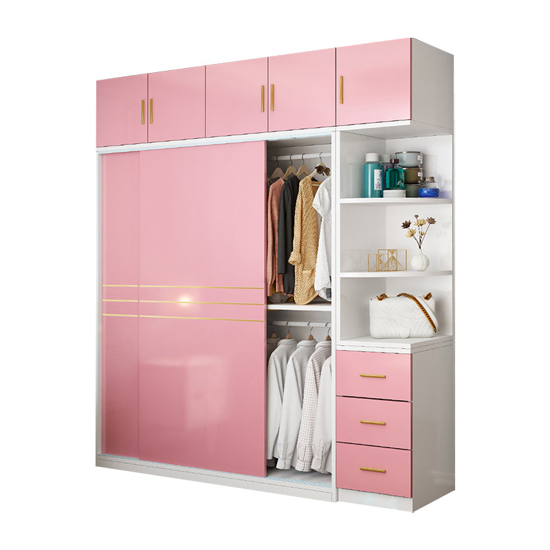 Pink Hanging Clothes Rack Wooden Wardrobe Armoire with Lower Storage Drawers
