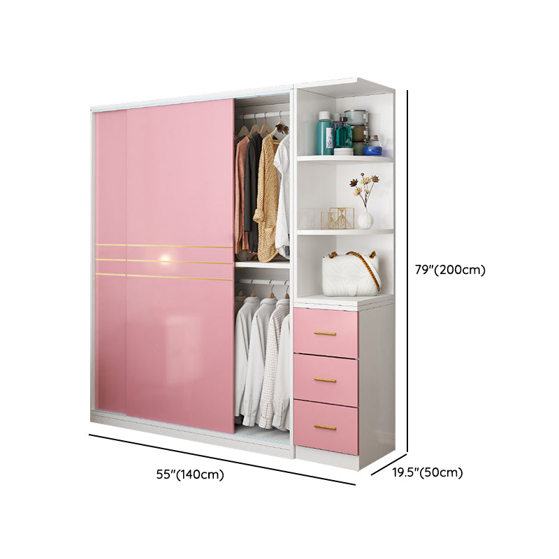 Pink Hanging Clothes Rack Wooden Wardrobe Armoire with Lower Storage Drawers