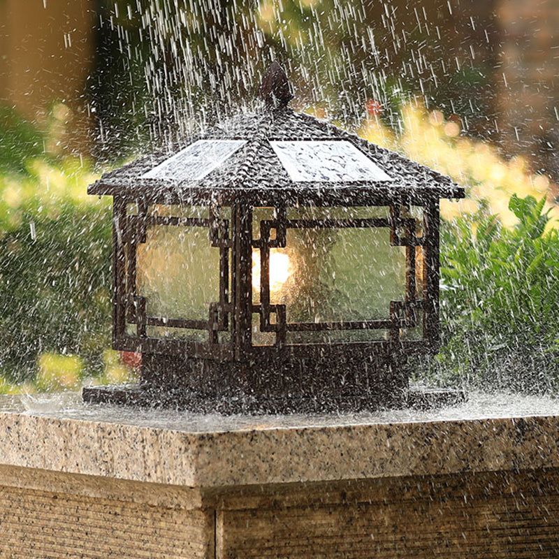Modern Pillar Light Glass Shade LED Solar Lighting Fixture for Backyard