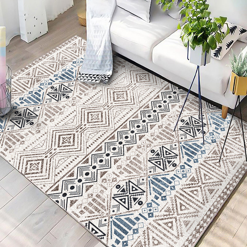 Americana Tribal Diamond Rug Beige Polyester Area Rug Stain Resistant Rug for Bedroom