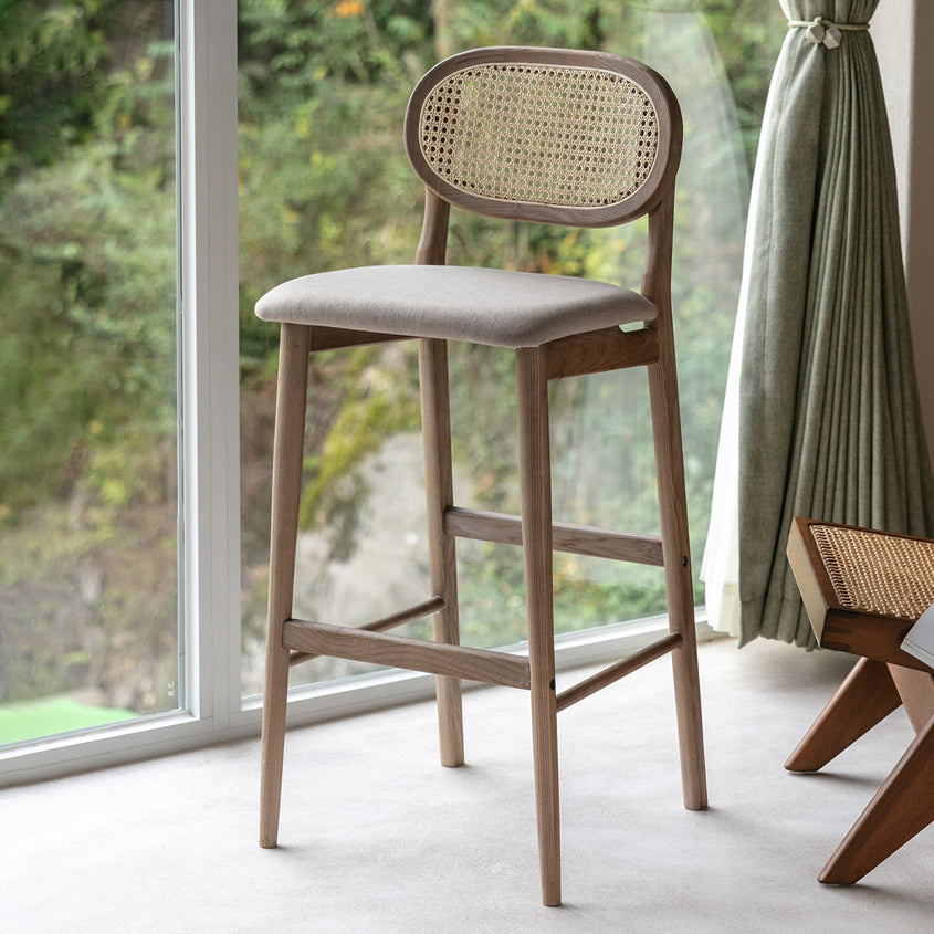 Contemporary Ash Wood Bar Stools Indoor Rattan Low Back Stool
