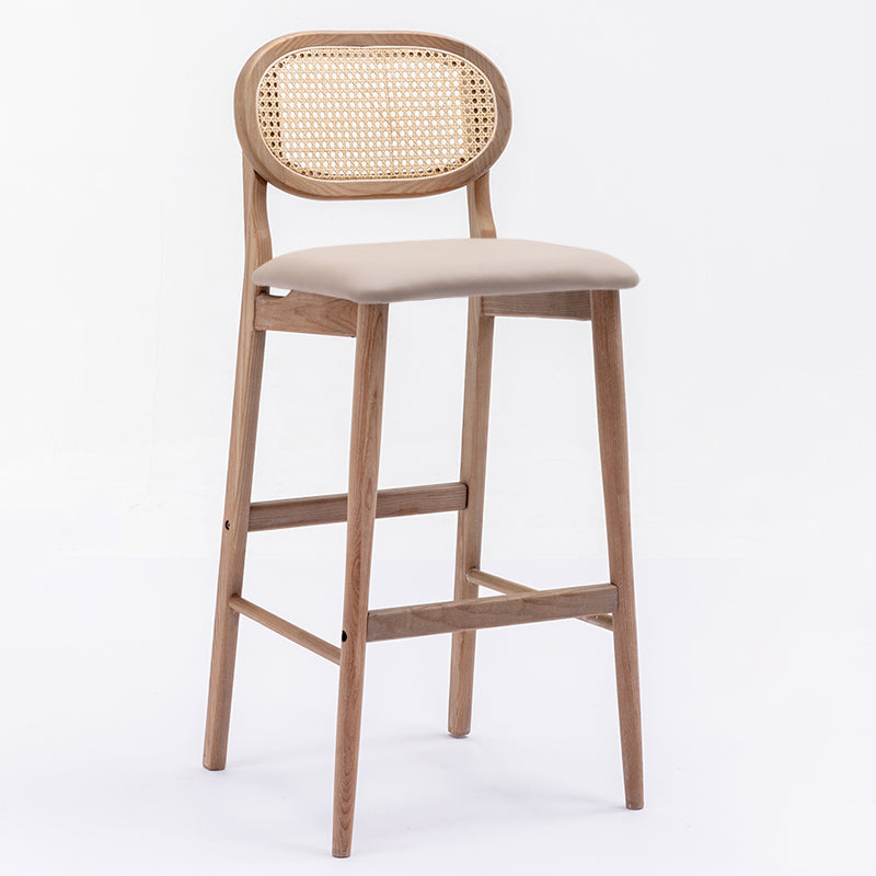 Contemporary Ash Wood Bar Stools Indoor Rattan Low Back Stool