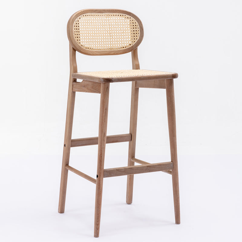 Contemporary Ash Wood Bar Stools Indoor Rattan Low Back Stool