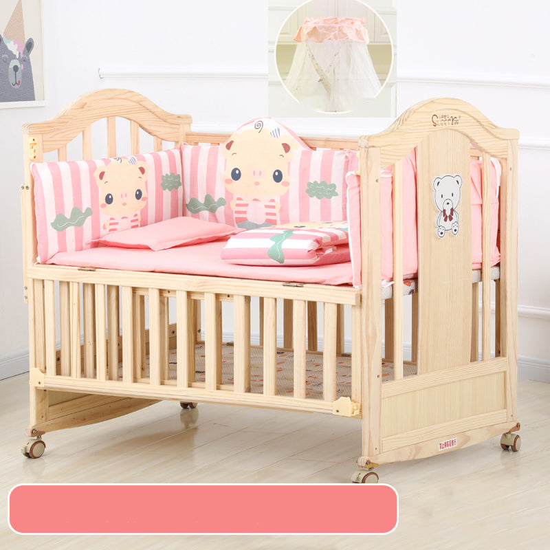 Farmhouse Wood Nursery Crib Brown Arched Nursery Bed with Casters