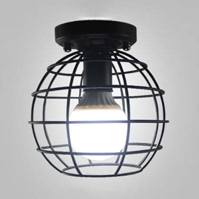 Globe Cage Metal Shade Ceiling Light Fixture Retro Style 1 Light Corridor Flush Mount Ceiling Light in Black/White