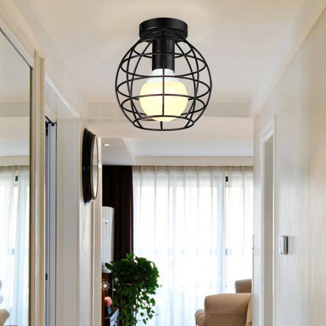 Globe Cage Metal Shade Ceiling Light Fixture Retro Style 1 Light Corridor Flush Mount Ceiling Light in Black/White