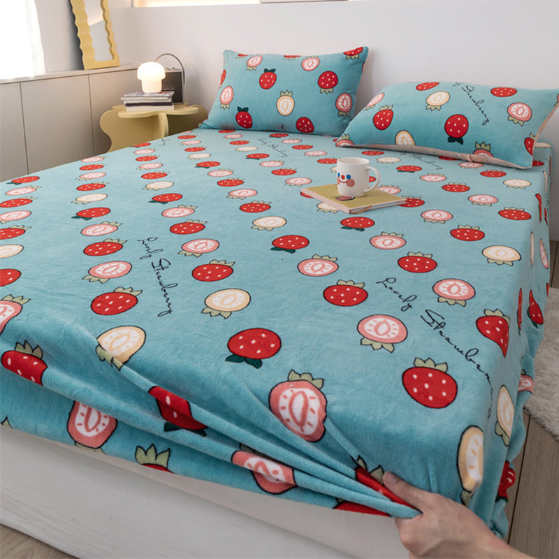 Flannel Bed Sheet Set Modern Cartoon Print Fitted Sheet for Bedroom