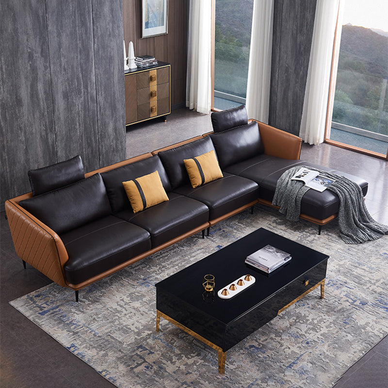 Mid Century Genuine Leather Sectionals Loose Back Sectional & Chaise in Brown