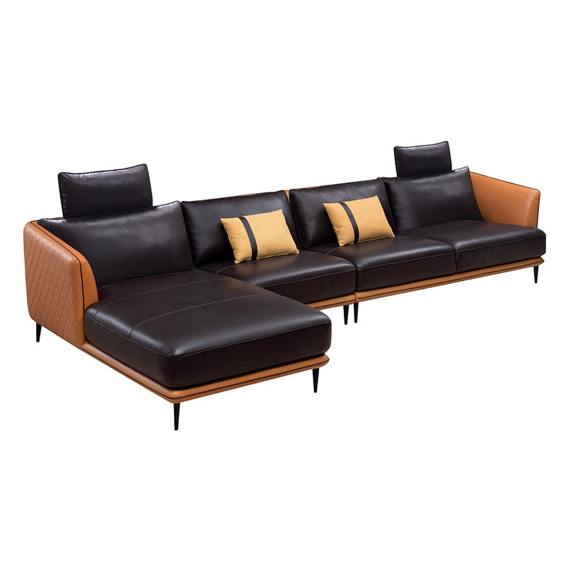 Mid Century Genuine Leather Sectionals Loose Back Sectional & Chaise in Brown