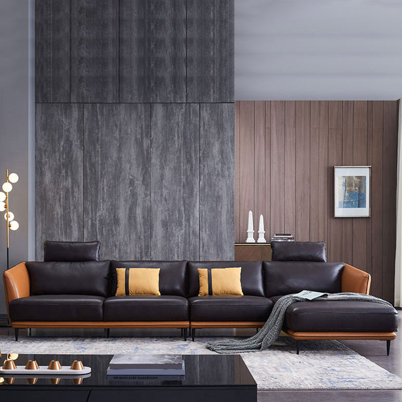 Mid Century Genuine Leather Sectionals Loose Back Sectional & Chaise in Brown