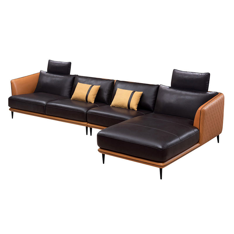Mid Century Genuine Leather Sectionals Loose Back Sectional & Chaise in Brown