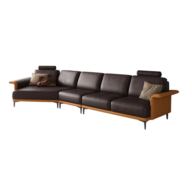 Mid Century Genuine Leather Sectionals Loose Back Sectional & Chaise in Brown
