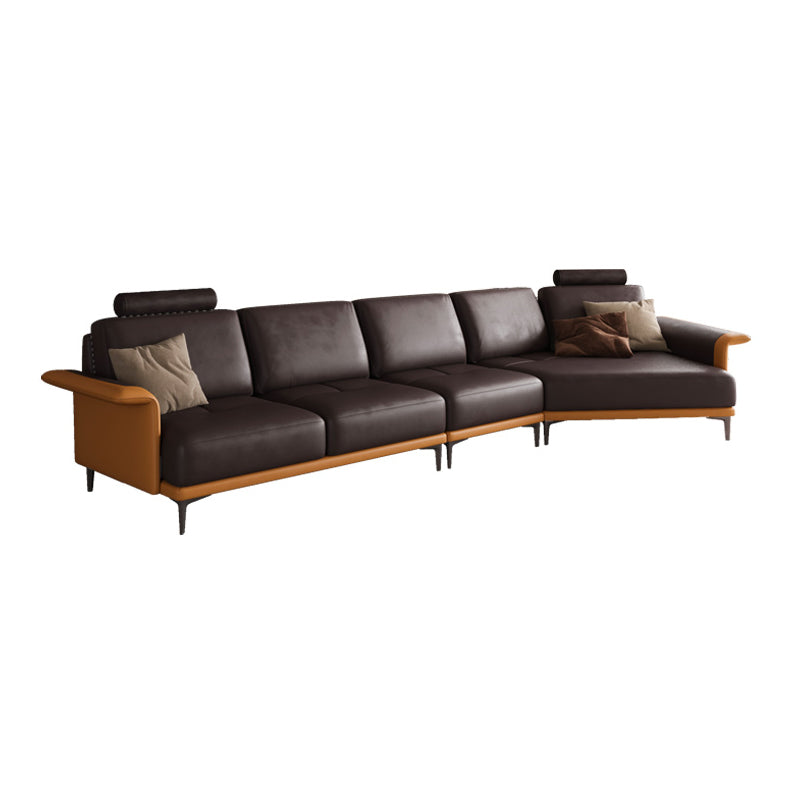 Mid Century Genuine Leather Sectionals Loose Back Sectional & Chaise in Brown
