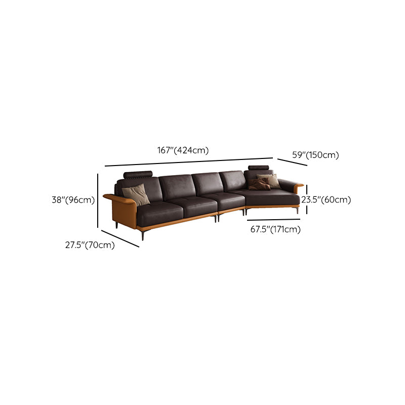 Mid Century Genuine Leather Sectionals Loose Back Sectional & Chaise in Brown