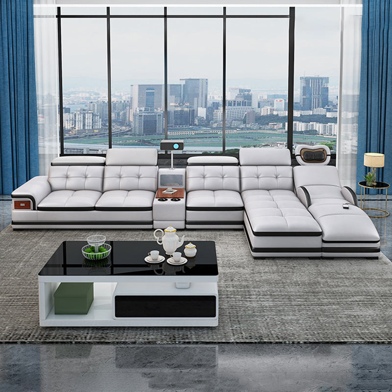 Modern Tufted Power Sectional & Chaise Gray Genuine Leather Sectional Sofa with Storage