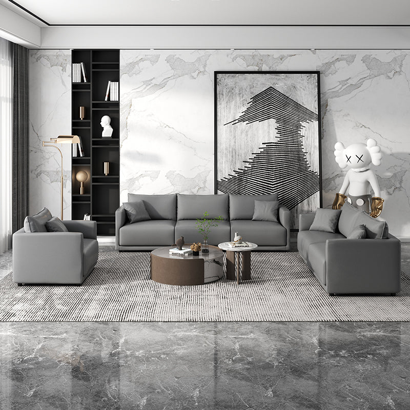 27.16" High Gray Sofa Faux Leather Tuxedo Arm Sofa with Pillows