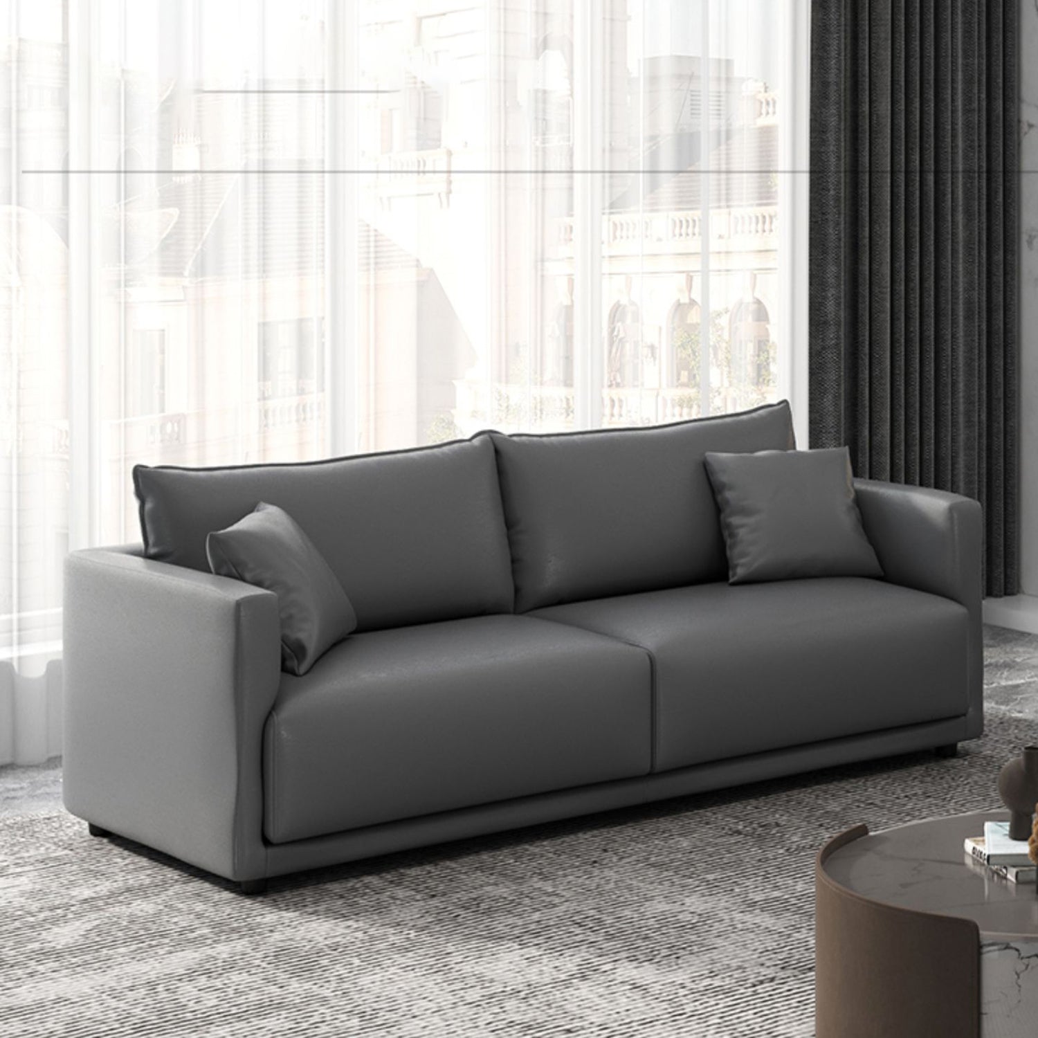 27.16" High Gray Sofa Faux Leather Tuxedo Arm Sofa with Pillows