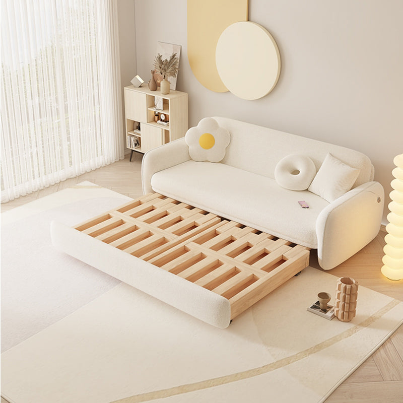 Glam White Wool Futon Sleeper Sofa with Storage in Solid Wood