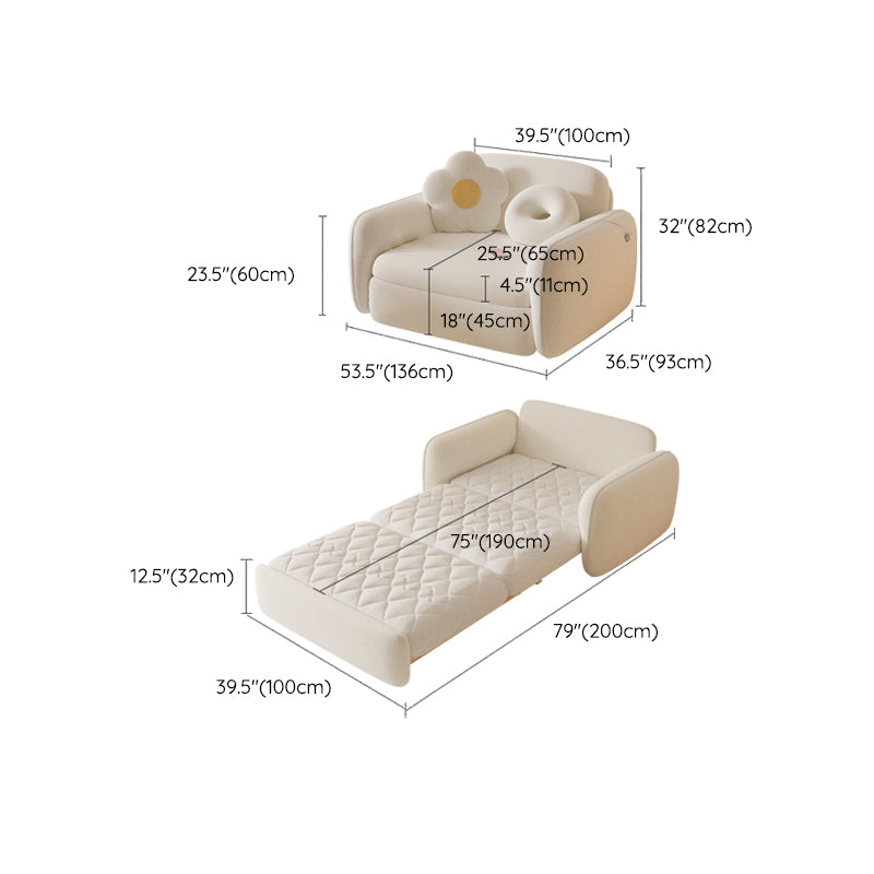 Glam White Wool Futon Sleeper Sofa with Storage in Solid Wood