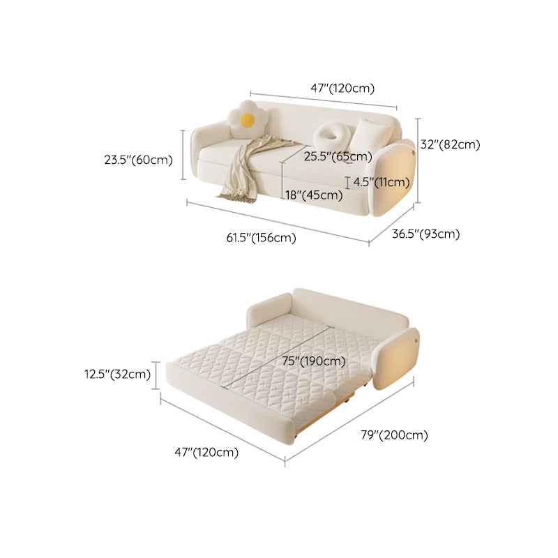 Glam White Wool Futon Sleeper Sofa with Storage in Solid Wood