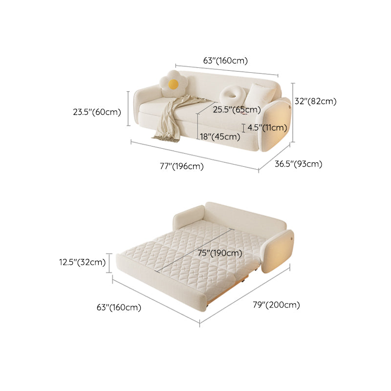 Glam White Wool Futon Sleeper Sofa with Storage in Solid Wood