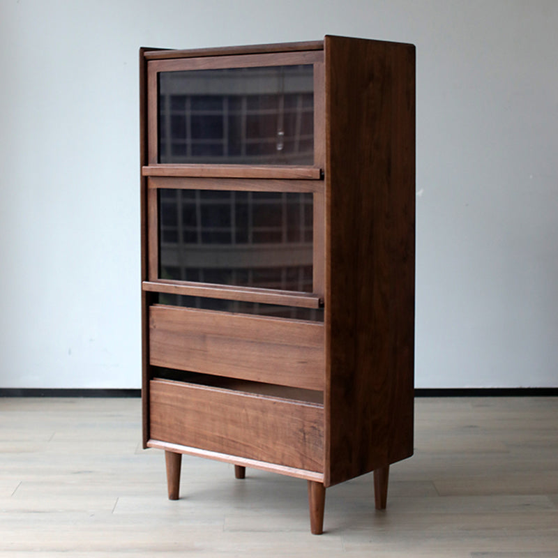 Mid-Century Modern Side Cabinet Solid Wood Glass Paned Accent Cabinet