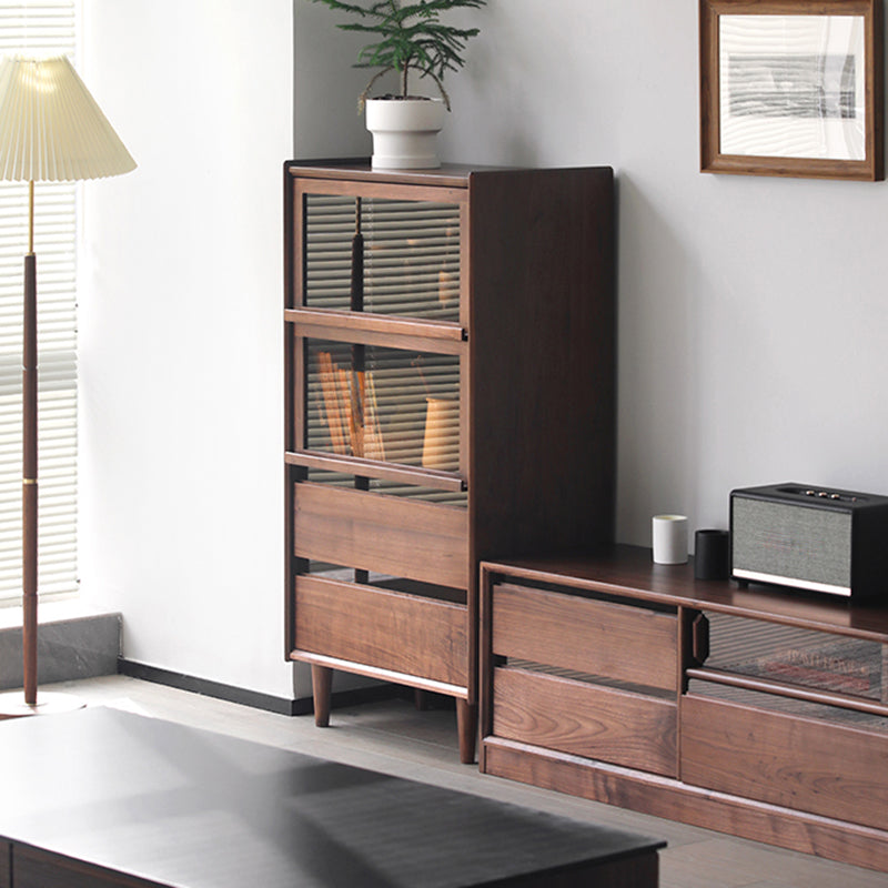 Mid-Century Modern Side Cabinet Solid Wood Glass Paned Accent Cabinet
