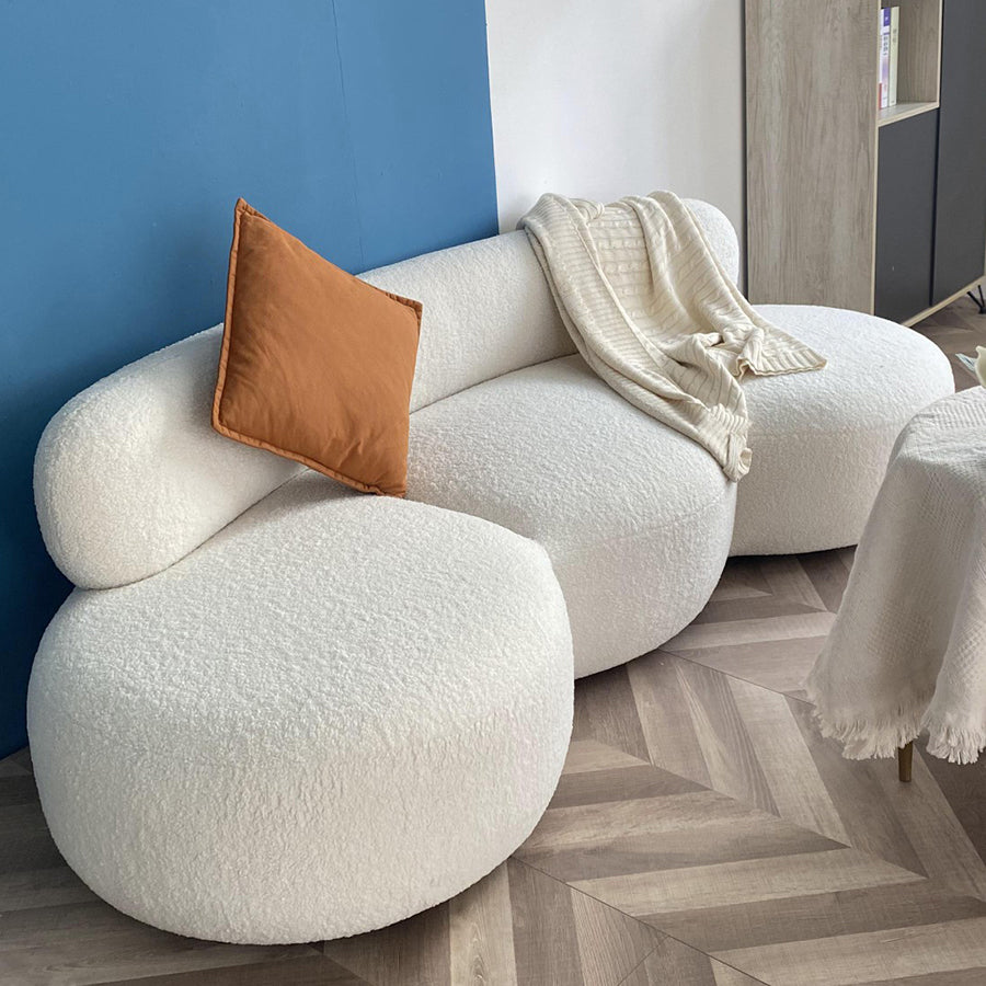 Contemporary Style Wool Sofa in White Curved Upholstered Sofa