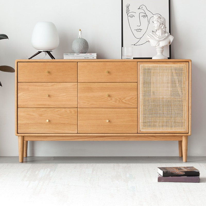 Contemporary Paned Cabinet Brown Pine and Cherry Accent Cabinet with Doors